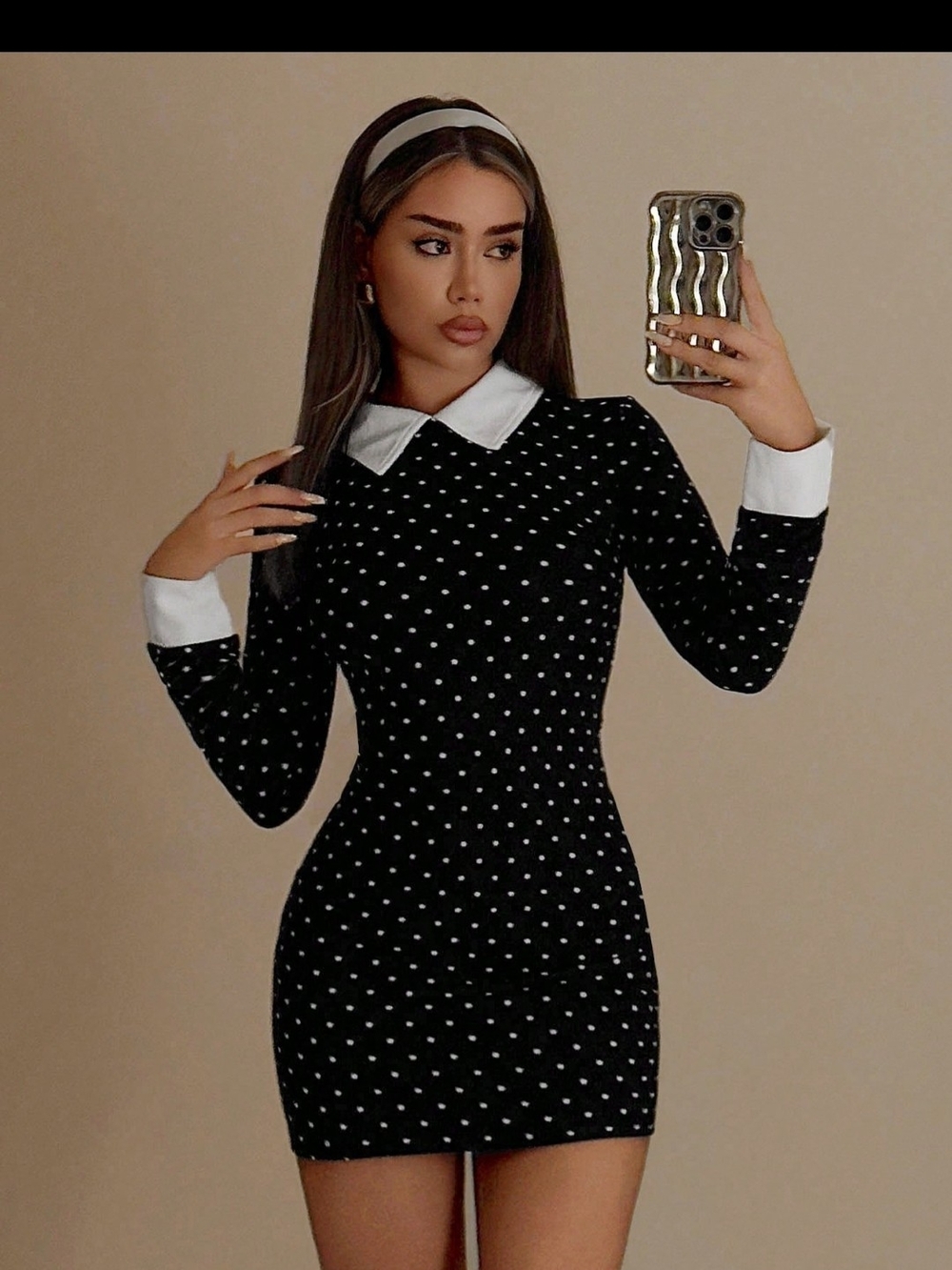 Black Polka Dot Collared Mini Dress with White Trim